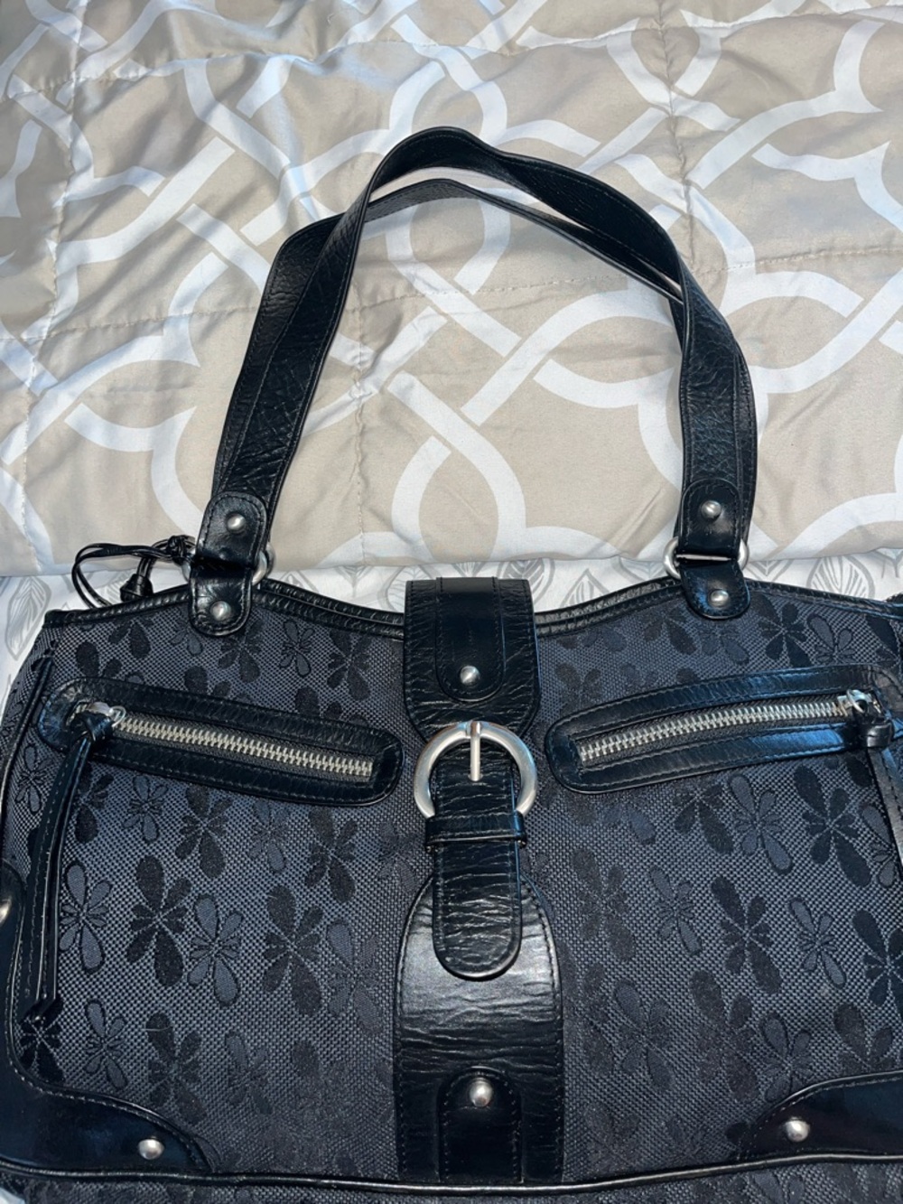 Tula Black Floral Jacquard Satchel with Silver Accents